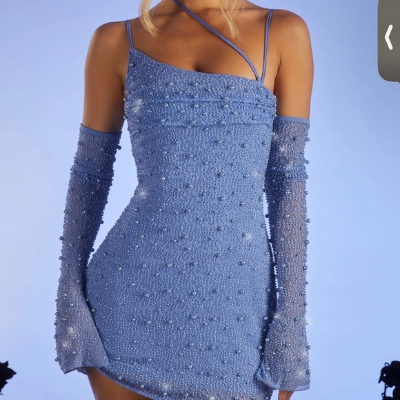 Embellished Asymmetric Corset Mini Dress in Light Blue - 0